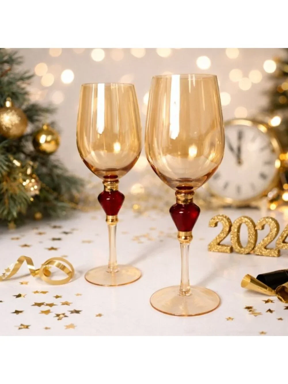 Pier 1 Amber Wine Glasses Set of 2 VTG Elegant Holiday Goblets Bar Cart Decor